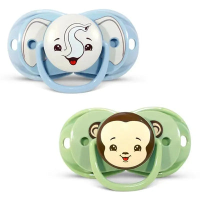 Two pacifiers featuring cartoon designs: an elephant on a blue pacifier and a monkey on a green pacifier, both in a 2-pack.