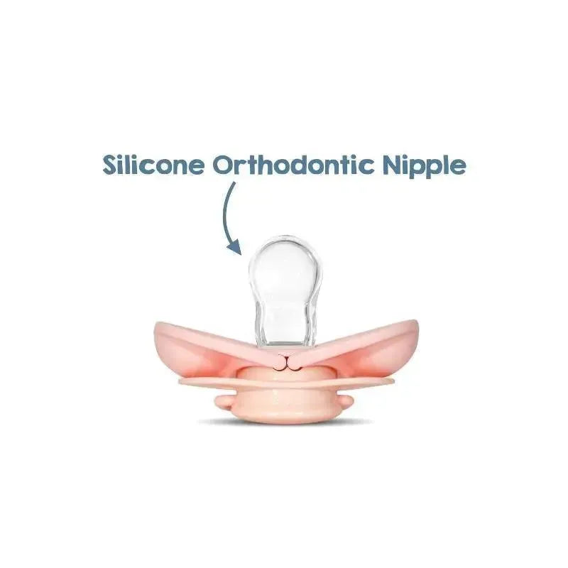 Light pink pacifier with a clear silicone orthodontic nipple, labeled for its orthodontic design.