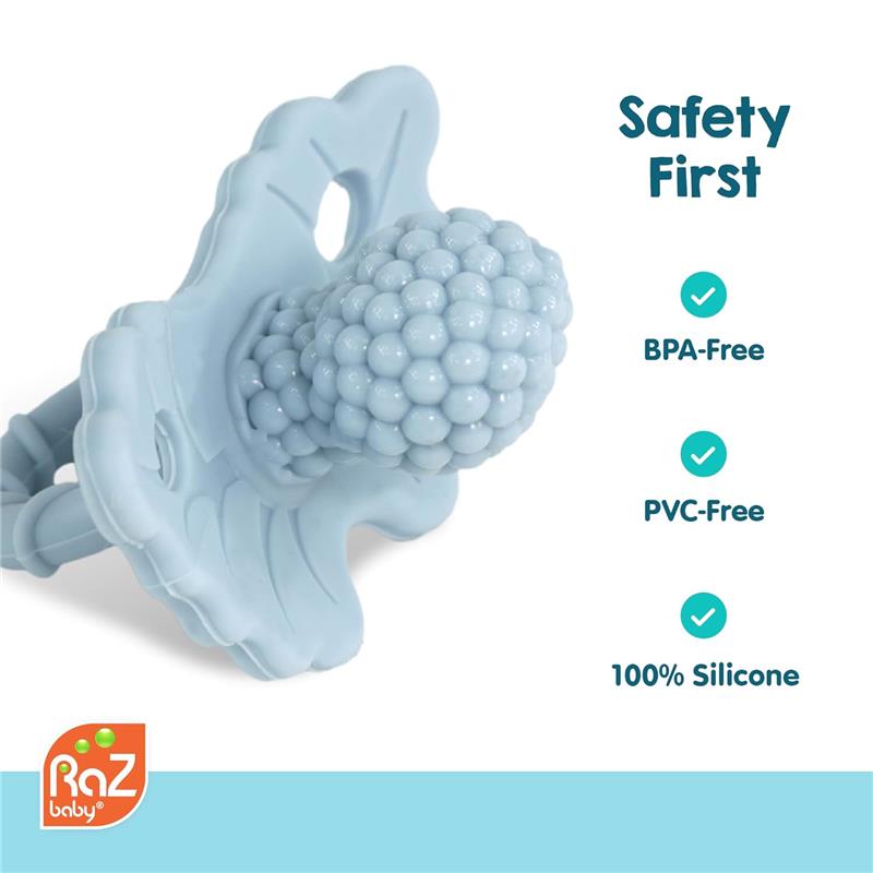 Razbaby Razberry Teether in soft blue silicone, featuring a textured surface for soothing gums and marked as BPA-free and PVC-free.