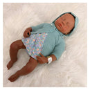 Reborn baby doll named Emily, with African American features, wearing a colorful floral dress and a knitted hoodie.