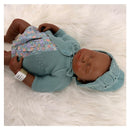 Reborn baby doll named Emily, featuring African American full silicone with a blue knitted outfit and floral dress.