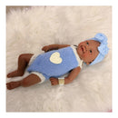 Reborn baby doll with African American features, bald head, wearing a blue outfit with a heart and a matching bow headband.
