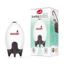 Rechargeable Rockit baby rocker designed to rock strollers or prams, shown with packaging displaying features and instructions.