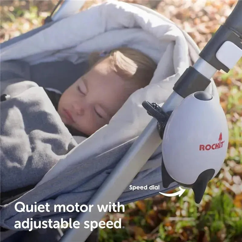 Rechargeable Rockit portable baby rocker with a quiet motor and adjustable speed, designed for soothing infants.