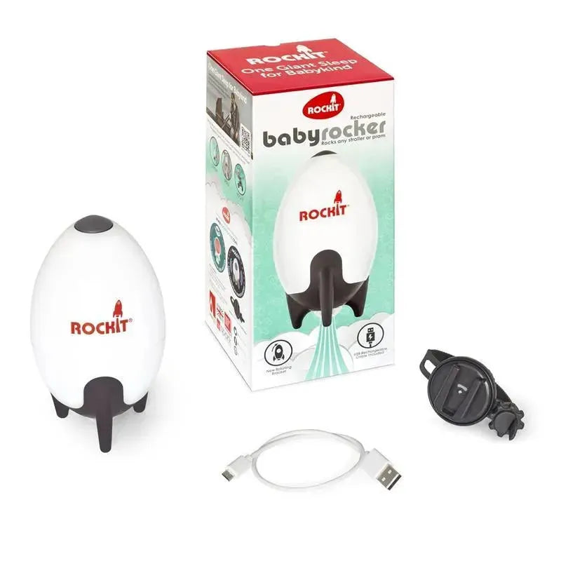 Rechargeable Rockit baby rocker device with a box, strap, and USB charging cable, designed for stroller rocking.