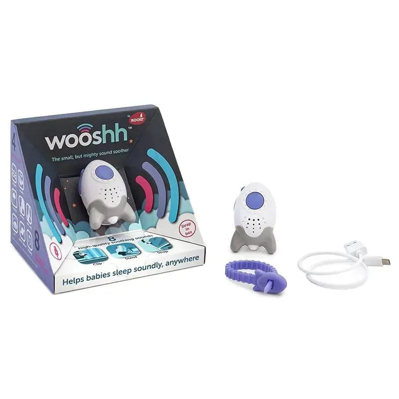Portable sound soother Rockit with packaging, power cord, and purple strap, designed to help babies sleep soundly.