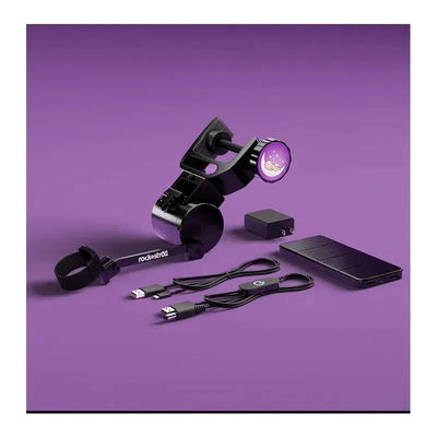 Mobile kit featuring Rocknstroll device with adjustable holder, USB cables, charger, and power bank on a purple background.