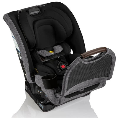 Romer Nexa All-in-One Convertible Car Seat in Peppercorn color, featuring a padded harness, cup holder, and mesh back.
