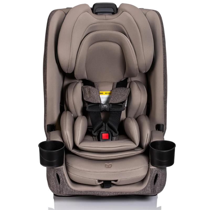 Romer Nexa All-in-One Convertible Car Seat in Truffle color, featuring adjustable headrest, padding, and cup holders.