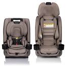 Convertible car seat with two positions: infant and toddler. Features include cup holders and safety labels on the back.