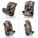 Romer Nexa All-in-One Convertible Car Seat in Truffle, shown in four positions: rear-facing, extended rear-facing, forward-facing harness, and belt-positioning booster.