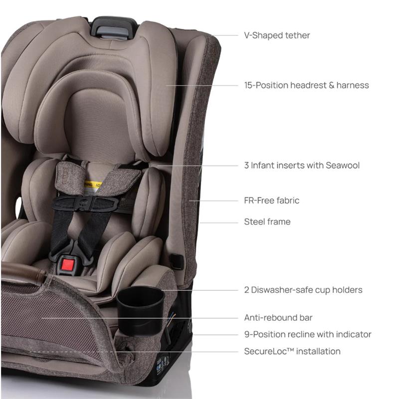 Romer Nexa All-in-One Convertible Car Seat in Truffle color, featuring adjustable headrest, harness, and cup holders.