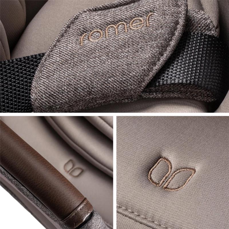 Romer Nexa All-in-One Convertible Car Seat in truffle color, showcasing safety harness padding and brand details.