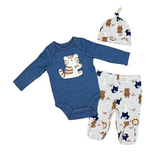Three-piece baby boy set featuring a blue long-sleeve bodysuit with a tiger design, patterned pants, and a matching hat.