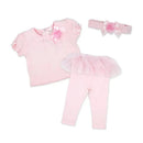 Three-piece baby girl legging set in pink, featuring a ruffled short-sleeve top, coordinating leggings, and a bow headband.