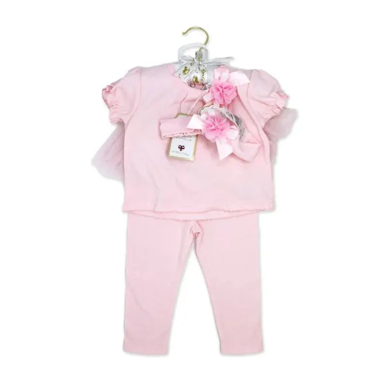 Three-piece pink legging set for baby girls, including a short-sleeve top, leggings, and headband with flowers.