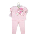 Three-piece pink legging set for baby girls, including a short-sleeve top, leggings, and headband with flowers.
