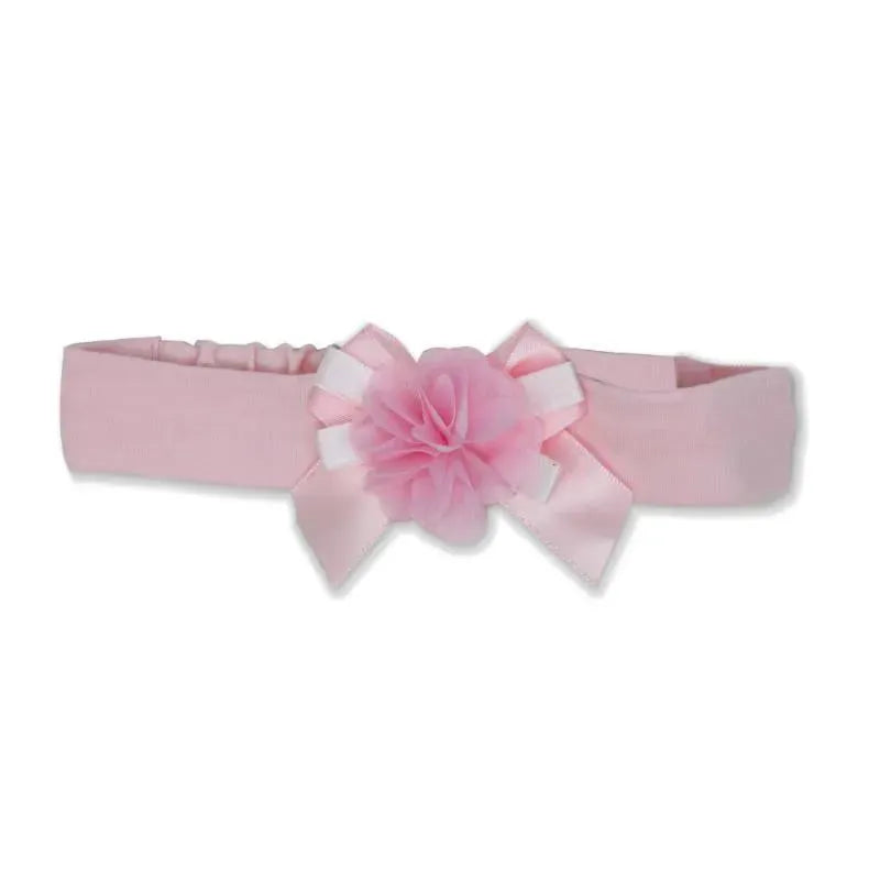 Pink headband for baby girls, featuring a soft flower accent and satin ribbon detailing.