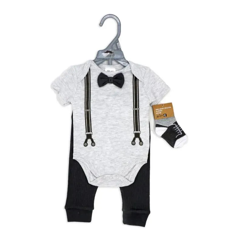 Grey baby bodysuit with suspenders and a bowtie, paired with black pants and themed socks.