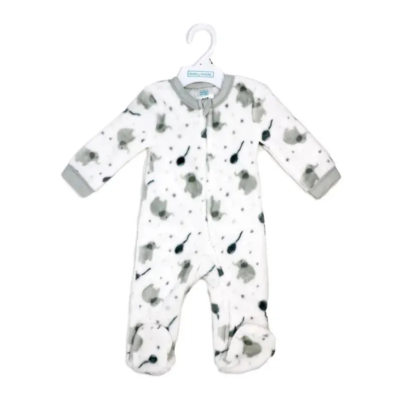 Baby fleece sleeper in neutral grey, featuring an elephant print with stars, designed for comfort and warmth.