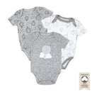 Three-pack of grey organic cotton bodysuits featuring hot air balloon designs and a central bodysuit with a balloon illustration.