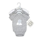 100% organic grey bodysuits in a pack of three, featuring a hot air balloon graphic and playful designs.