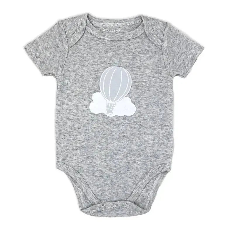 100% organic grey bodysuit featuring a light grey hot air balloon graphic above a white cloud.