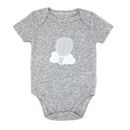 100% organic grey bodysuit featuring a light grey hot air balloon graphic above a white cloud.