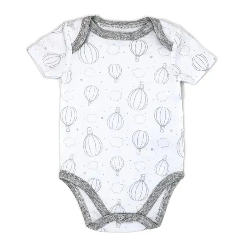 100% organic grey bodysuit with short sleeves, featuring a hot air balloon pattern on a white background.