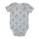 100% organic grey bodysuit featuring a pattern of hot air balloons and clouds.