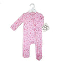 100% organic pink sleeper with heart patterns, featuring long sleeves and a front zipper, displayed on a hanger.