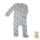 Grey sleeper made from 100% organic cotton, featuring a hot air balloon pattern and a zip closure.