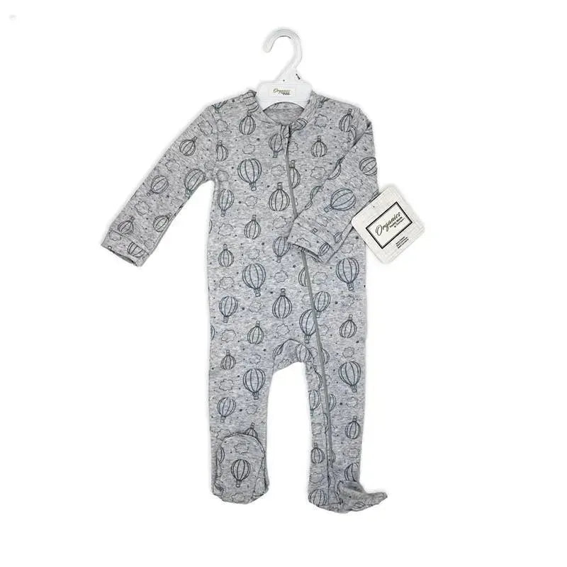 100% organic grey sleeper with hot air balloon pattern, featuring long sleeves and a front zipper for easy dressing.