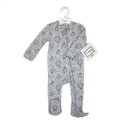 100% organic grey sleeper with hot air balloon pattern, featuring long sleeves and a front zipper for easy dressing.