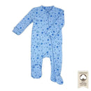 Blue organic cotton sleeper for infants, featuring a star pattern and zip closure, includes footed design.