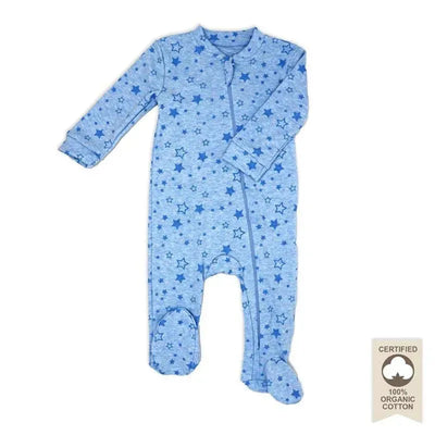 Blue organic cotton sleeper for infants, featuring a star pattern and zip closure, includes footed design.
