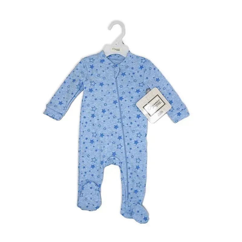 100% organic blue sleeper with star pattern, featuring long sleeves and footed design, with a tag attached.