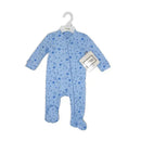 100% organic blue sleeper with star pattern, featuring long sleeves and footed design, with a tag attached.