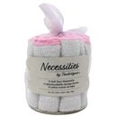 Ten soft terry baby washcloths in pink and gray, packaged in a clear roll with a ribbon.