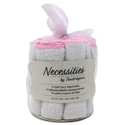 Ten soft terry baby washcloths in pink and gray, packaged in a clear roll with a ribbon.