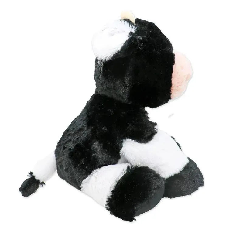 Soft plush cow toy with black and white fur, featuring a round face and small ears, designed for sitting display.