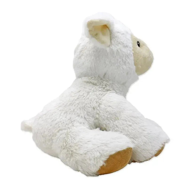 Plush white lamb toy with soft fur, sitting pose, featuring tan accents on the ears and feet.