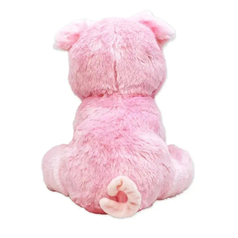 Plush pink pig toy, featuring a soft texture and a curly tail, seated and viewed from the back.