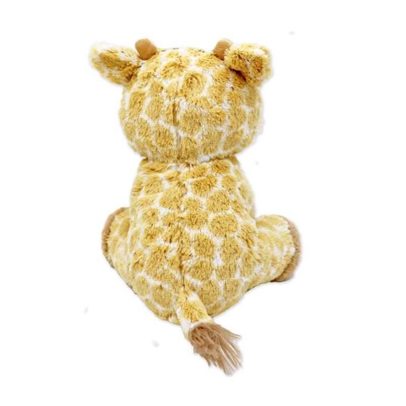 Soft, plush giraffe toy with yellow and brown spots, featuring small ears and a fluffy tail, designed for sitting.