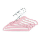 Set of five pink textile hangers with chrome hooks, designed for organizing clothing.