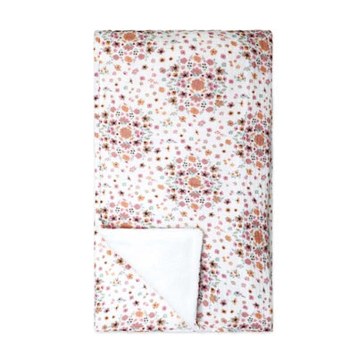 2-layer muslin blanket featuring a pink floral bouquet design with a soft white underside.
