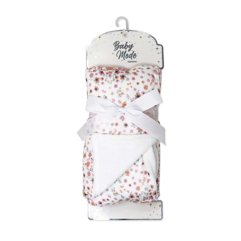 Rose Textiles 2 layer muslin blanket featuring a pink floral bouquet design, tied with a white ribbon.