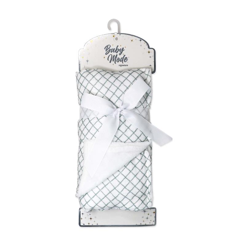 2-layer muslin blanket in sage grid, tied with a ribbon, featuring a soft white underside and packaged for Baby Mode.