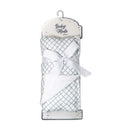 2-layer muslin blanket in sage grid, tied with a ribbon, featuring a soft white underside and packaged for Baby Mode.