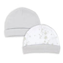 Two baby hats from Rose Textiles - 2 Pack Galaxy Hat, in grey and white with star patterns.